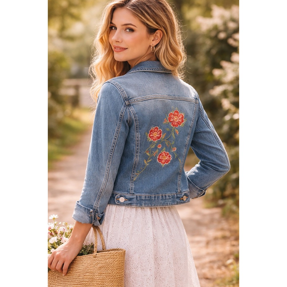 Romantic Floral Embroidered Western Cottagecore Denim Jacket Stretch Blue Sz M